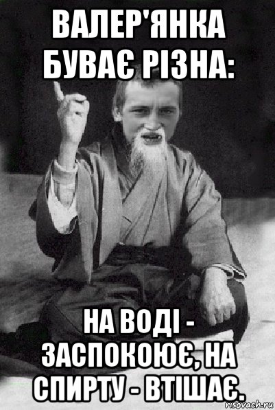 валер'янка буває різна: на воді - заспокоює, на спирту - втішає., Мем Мудрий паца