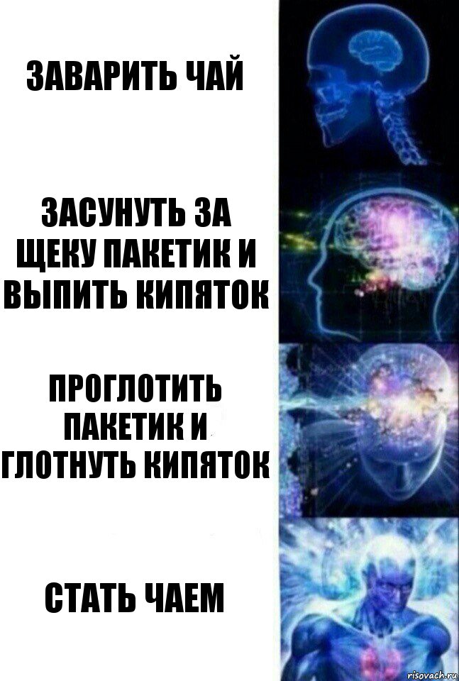 Заварить чай Засунуть за щеку пакетик и выпить кипяток Проглотить пакетик и глотнуть кипяток Стать чаем, Комикс  Сверхразум