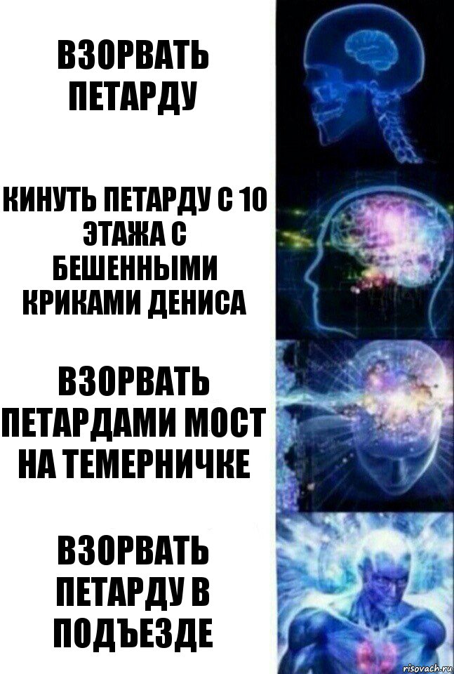 Взорвать петарду Кинуть петарду с 10 этажа с бешенными криками Дениса Взорвать петардами мост на Темерничке Взорвать петарду в подъезде, Комикс  Сверхразум