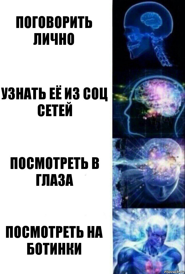 Поговорить лично Узнать её из соц сетей Посмотреть в глаза Посмотреть на ботинки, Комикс  Сверхразум