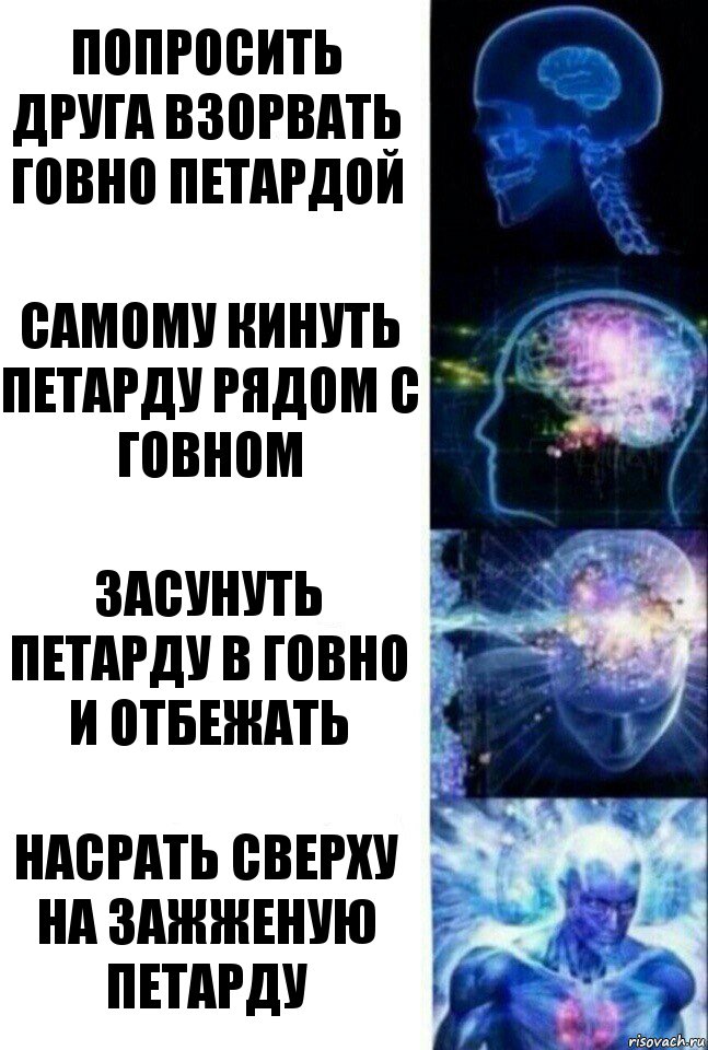 Попросить друга взорвать говно петардой Самому кинуть петарду рядом с говном Засунуть петарду в говно и отбежать Насрать сверху на зажженую петарду, Комикс  Сверхразум