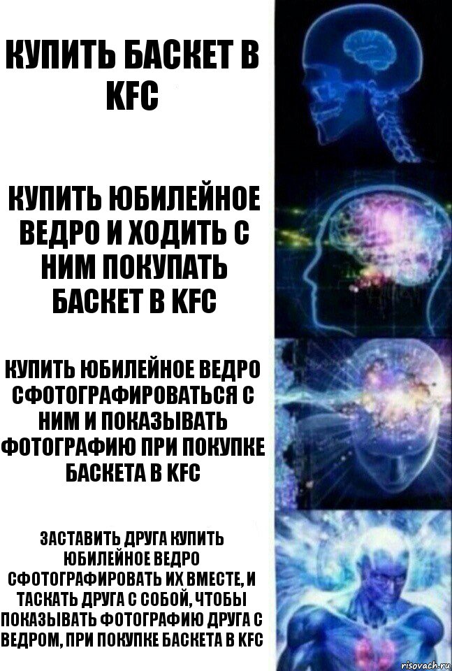 Купить баскет в KFC Купить юбилейное ведро и ходить с ним покупать баскет в KFC Купить юбилейное ведро сфотографироваться с ним и показывать фотографию при покупке баскета в KFC Заставить друга купить юбилейное ведро сфотографировать их вместе, и таскать друга с собой, чтобы показывать фотографию друга с ведром, при покупке баскета в KFC, Комикс  Сверхразум