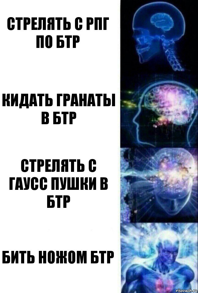 Стрелять с рпг по бтр Кидать гранаты в бтр Стрелять с гаусс пушки в бтр Бить ножом бтр, Комикс  Сверхразум