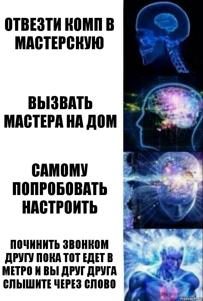 Отвезти комп в мастерскую Вызвать мастера на дом Самому попробовать настроить Починить звонком другу пока тот едет в метро и вы друг друга слышите через слово, Комикс  Сверхразум