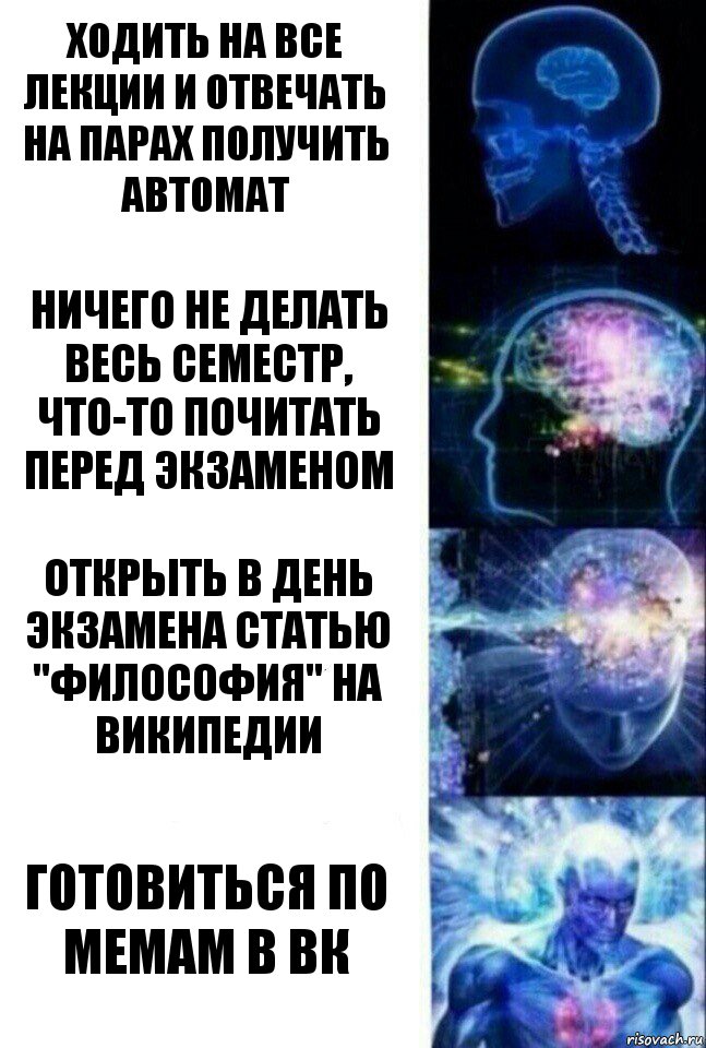 Ходить на все лекции и отвечать на парах получить автомат Ничего не делать весь семестр, что-то почитать перед экзаменом Открыть в день экзамена статью "философия" на википедии Готовиться по мемам в вк, Комикс  Сверхразум