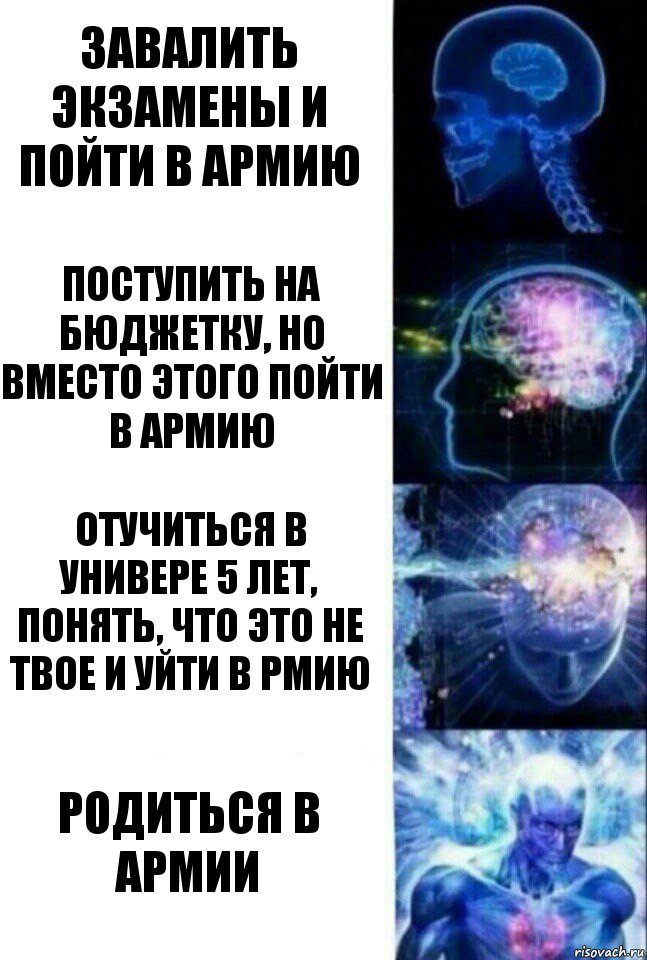 Завалить экзамены и пойти в армию Поступить на бюджетку, но вместо этого пойти в армию Отучиться в универе 5 лет, понять, что это не твое и уйти в рмию Родиться в армии, Комикс  Сверхразум