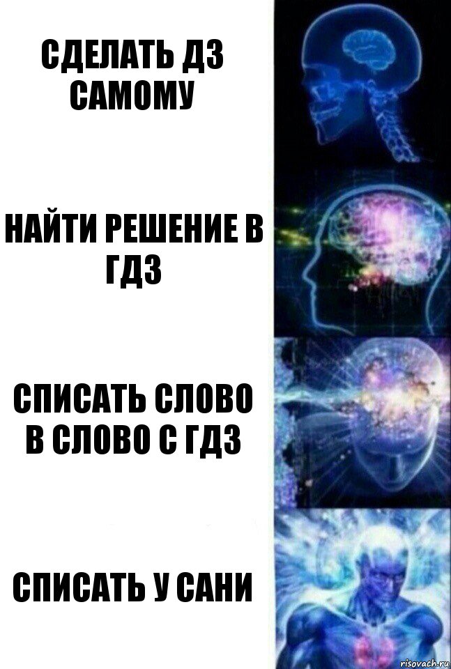 Сделать ДЗ самому Найти решение в ГДЗ Списать слово в слово с ГДЗ Списать у Сани, Комикс  Сверхразум