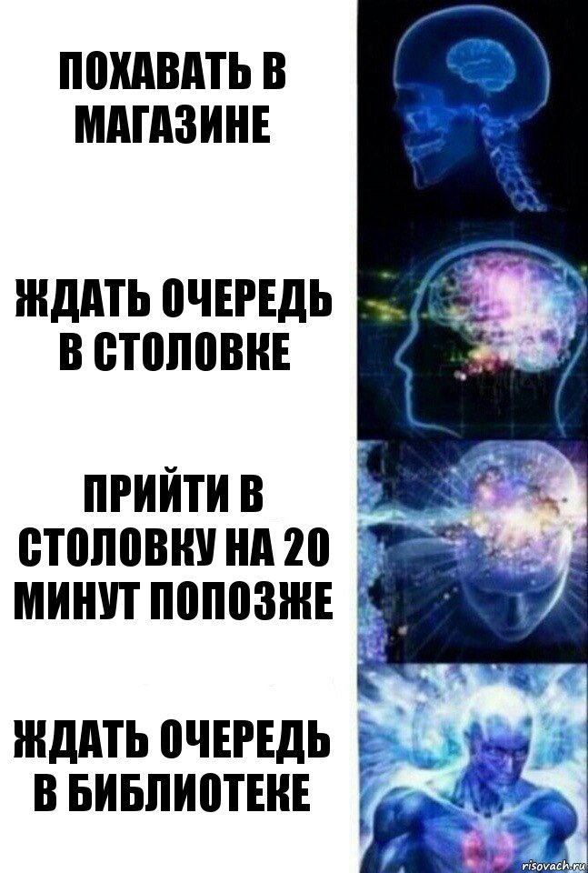 ПоХавать в магазине Ждать очередь в столовке Прийти В столовку на 20 минут попозже Ждать очередь в библиотеке, Комикс  Сверхразум