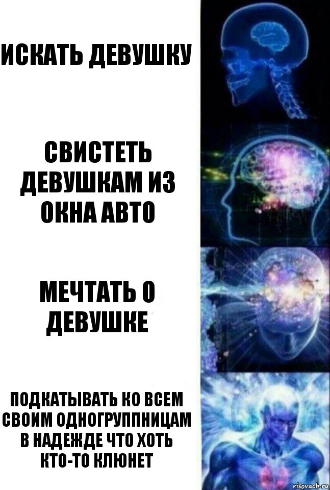 искать девушку свистеть девушкам из окна авто мечтать о девушке подкатывать ко всем своим одногруппницам в надежде что хоть кто-то клюнет, Комикс  Сверхразум