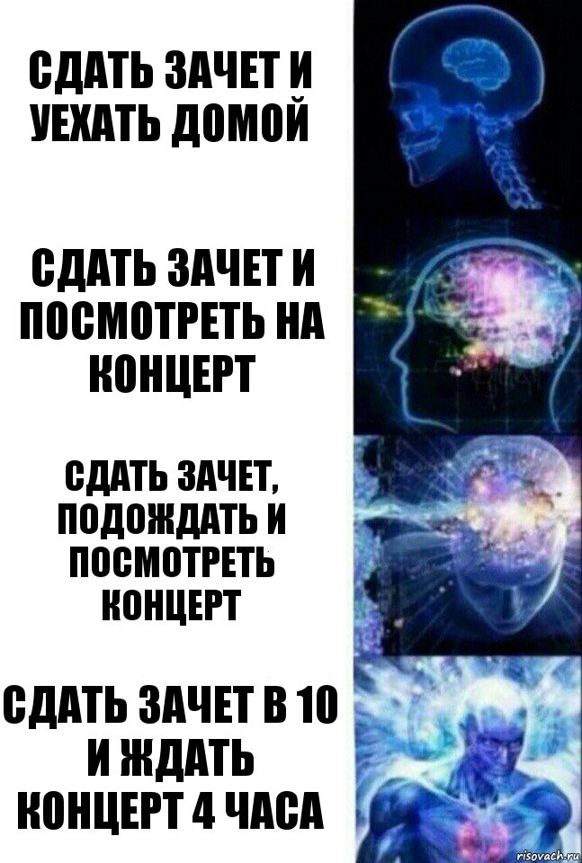 Сдать зачет и уехать домой Сдать зачет и посмотреть на концерт Сдать зачет, подождать и посмотреть концерт Сдать зачет в 10 и ждать концерт 4 часа, Комикс  Сверхразум