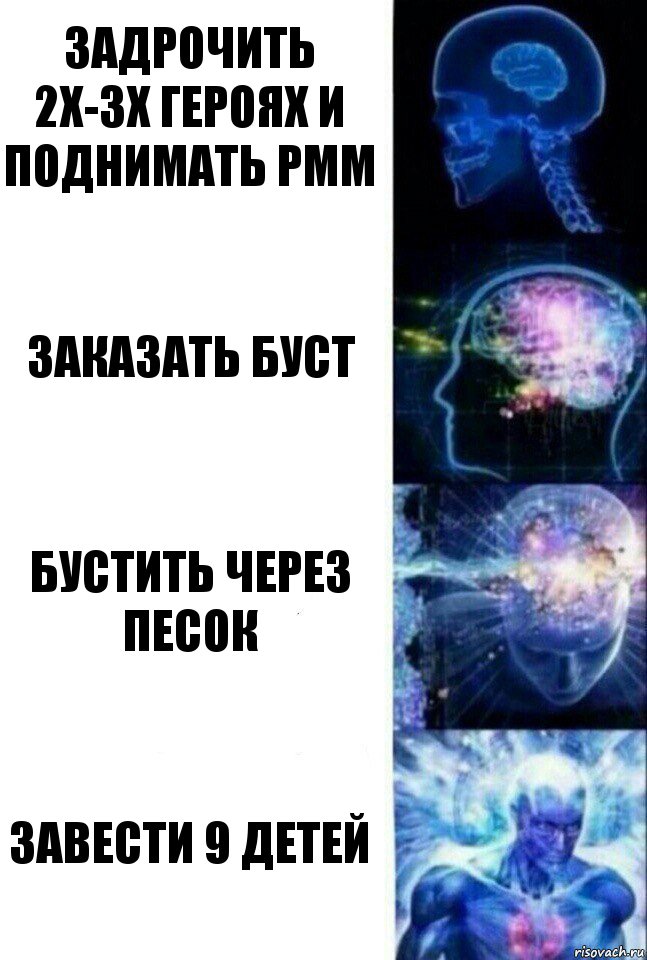 Задрочить 2х-3х героях и поднимать рмм Заказать буст Бустить через песок Завести 9 детей, Комикс  Сверхразум