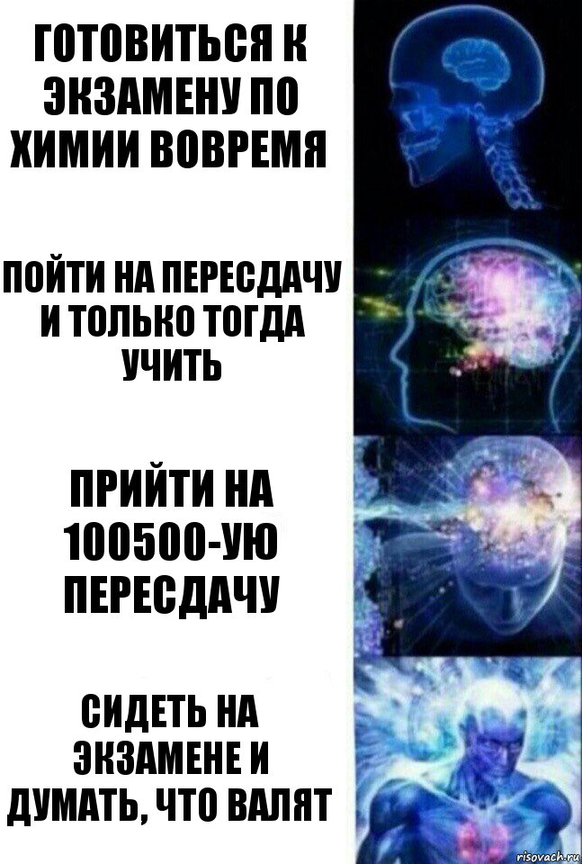 Готовиться к экзамену по химии вовремя Пойти на пересдачу и только тогда учить Прийти на 100500-ую пересдачу Сидеть на экзамене и думать, что валят, Комикс  Сверхразум