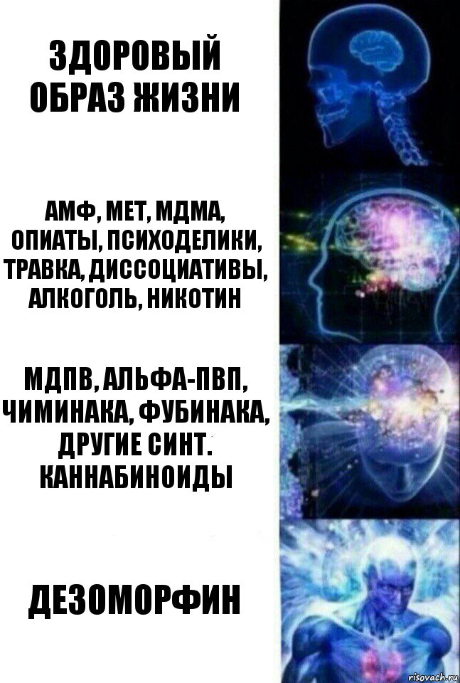 здоровый образ жизни Амф, мет, мдма, опиаты, психоделики, травка, диссоциативы, алкоголь, никотин мдпв, альфа-пвп, чиминака, фубинака, другие синт. каннабиноиды дезоморфин, Комикс  Сверхразум