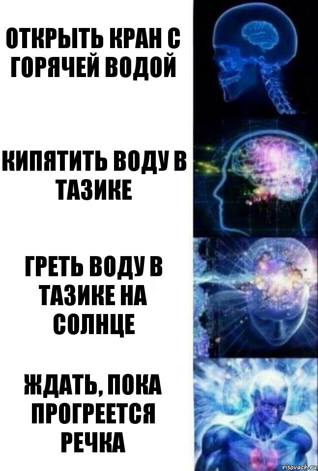 открыть кран с горячей водой кипятить воду в тазике греть воду в тазике на солнце ждать, пока прогреется речка, Комикс  Сверхразум