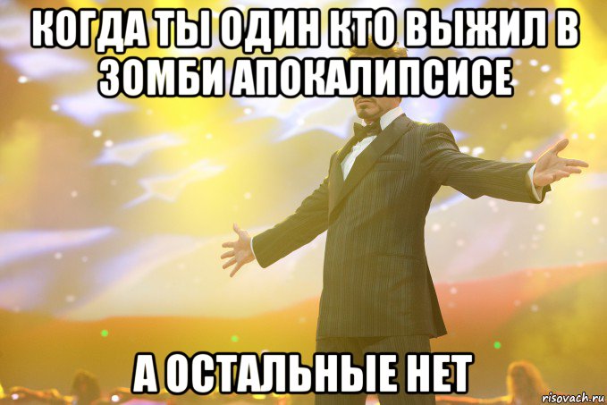 когда ты один кто выжил в зомби апокалипсисе а остальные нет, Мем Тони Старк (Роберт Дауни младший)