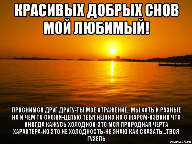 красивых добрых снов мой любимый! приснимся друг другу-ты мое отражение...мы хоть и разные но и чем то схожи-целую тебя нежно но с жаром-извини что иногда кажусь холодной-это моя природная черта характера-но это не холодность-не знаю как сказать...твоя гузель, Мем zakat
