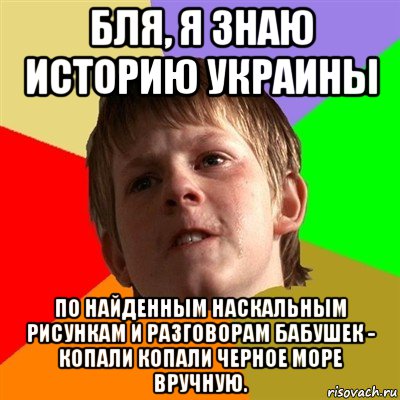 бля, я знаю историю украины по найденным наскальным рисункам и разговорам бабушек - копали копали черное море вручную., Мем Злой школьник