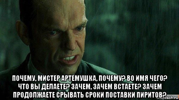  почему, мистер артемушка, почему? во имя чего? что вы делаете? зачем, зачем встаете? зачем продолжаете срывать сроки поставки пиритов?