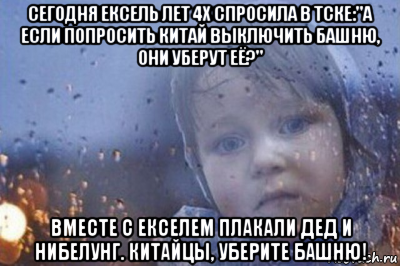 сегодня ексель лет 4х спросила в тске:"а если попросить китай выключить башню, они уберут её?" вместе с екселем плакали дед и нибелунг. китайцы, уберите башню!, Мем Боже выключи войну