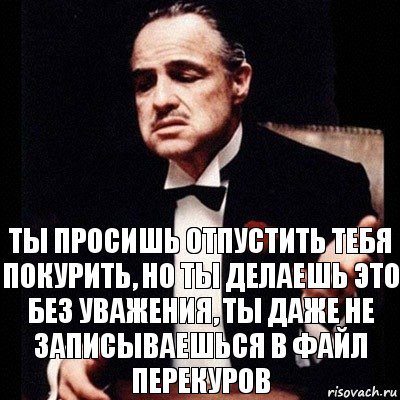 Ты просишь отпустить тебя покурить, но ты делаешь это без уважения, ты даже не записываешься в файл перекуров, Комикс Дон Вито Корлеоне 1