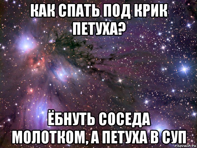 как спать под крик петуха? ёбнуть соседа молотком, а петуха в суп, Мем Космос