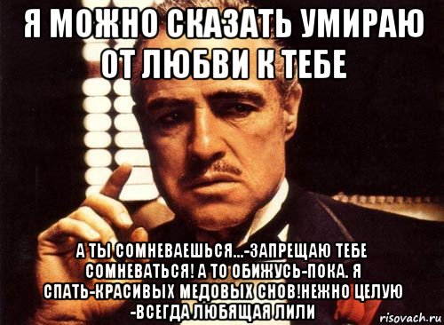 я можно сказать умираю от любви к тебе а ты сомневаешься...-запрещаю тебе сомневаться! а то обижусь-пока. я спать-красивых медовых снов!нежно целую -всегда любящая лили, Мем крестный отец