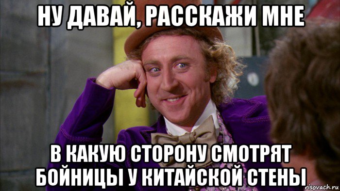 ну давай, расскажи мне в какую сторону смотрят бойницы у китайской стены, Мем Ну давай расскажи (Вилли Вонка)