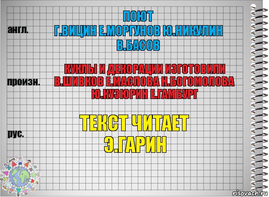 поют
Г.Вицин Е.Моргунов Ю.Никулин В.Басов куклы и декорации изготовили В.Шивков Е.Маслова Н.Богомолова Ю.Кузюрин Е.Гамбург текст читает
Э.Гарин, Комикс  Перевод с английского