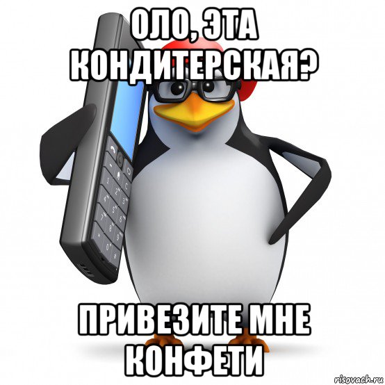 оло, эта кондитерская? привезите мне конфети, Мем   Пингвин звонит