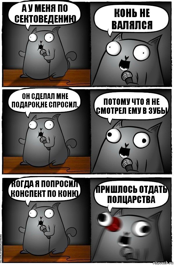 А у меня по сектоведению Конь не валялся Он сделал мне подарок,не спросил. Потому что я не смотрел ему в зубы Когда я попросил конспект по Коню Пришлось отдать полцарства, Комикс  Стендап-кот