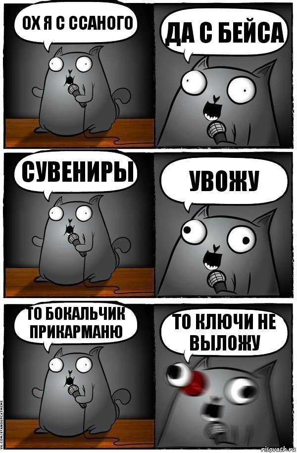 ох я с ссаного да с бейса сувениры увожу ТО БОКАЛЬЧИК ПРИКАРМАНЮ ТО КЛЮЧИ НЕ ВЫЛОЖУ, Комикс  Стендап-кот