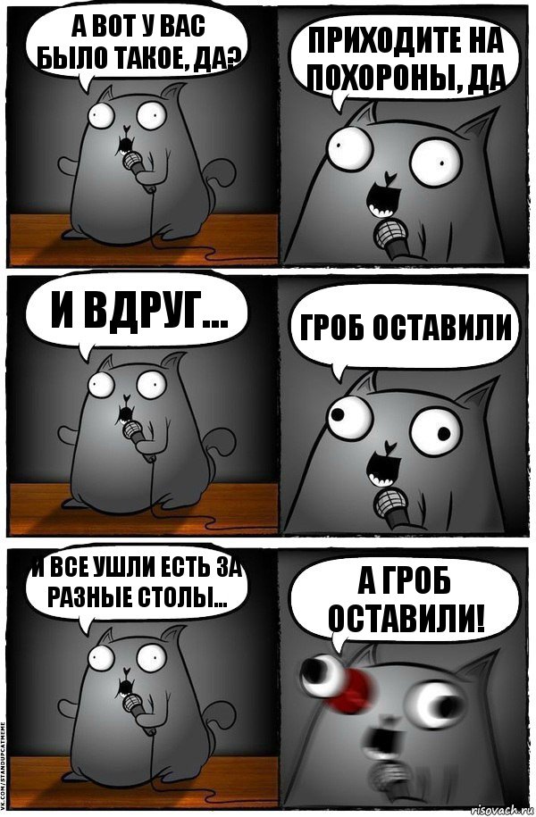 а вот у вас было такое, да? приходите на похороны, да и вдруг... гроб оставили и все ушли есть за разные столы... а гроб оставили!, Комикс  Стендап-кот