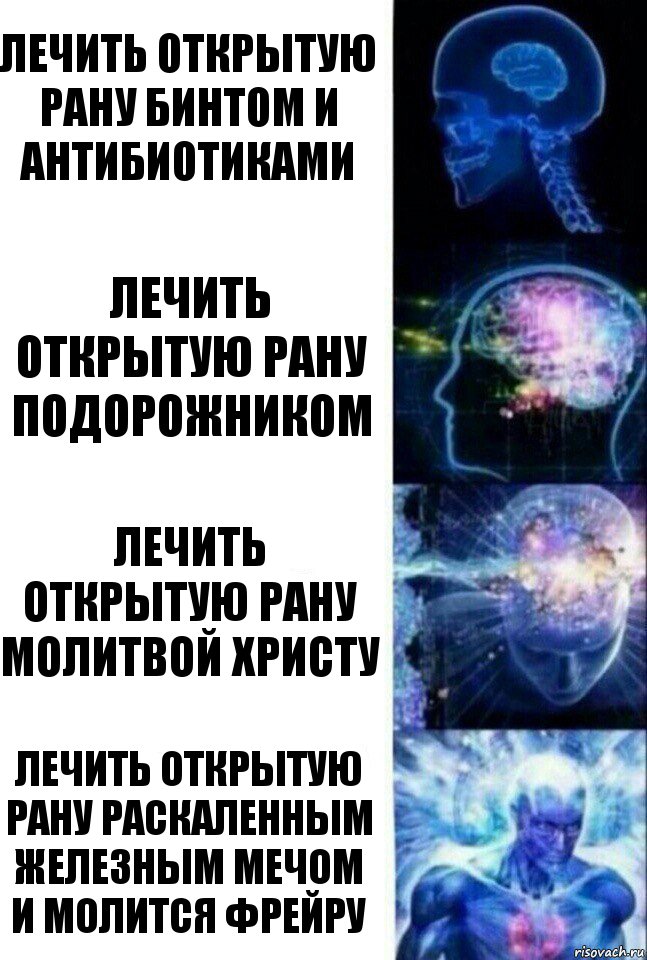 лечить открытую рану бинтом и антибиотиками лечить открытую рану подорожником лечить открытую рану молитвой христу лечить открытую рану раскаленным железным мечом и молится фрейру, Комикс  Сверхразум