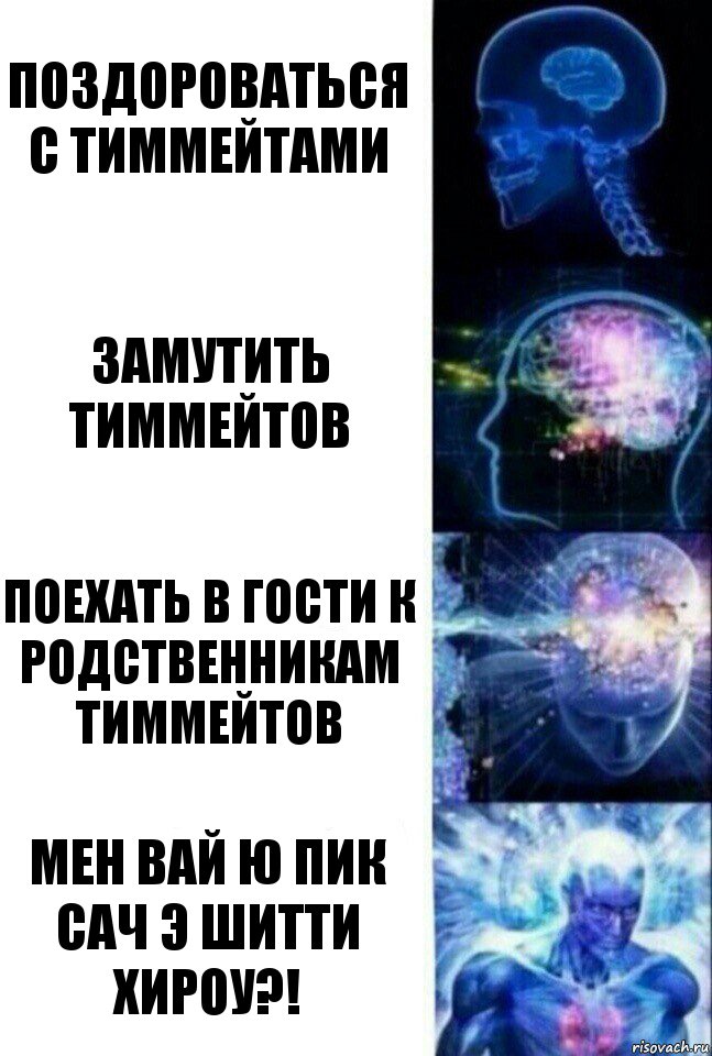 Поздороваться с тиммейтами Замутить тиммейтов Поехать в гости к родственникам тиммейтов МЕН ВАЙ Ю ПИК САЧ Э ШИТТИ ХИРОУ?!, Комикс  Сверхразум