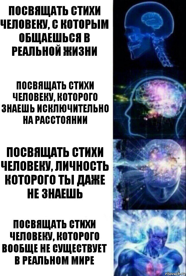 Посвящать стихи человеку, с которым общаешься в реальной жизни Посвящать стихи человеку, которого знаешь исключительно на расстоянии Посвящать стихи человеку, личность которого ты даже не знаешь Посвящать стихи человеку, которого вообще не существует в реальном мире, Комикс  Сверхразум