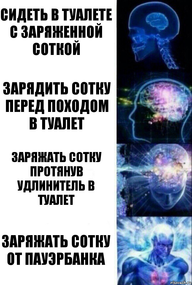 Сидеть в туалете с заряженной соткой Зарядить сотку перед походом в туалет Заряжать сотку протянув удлинитель в туалет Заряжать сотку от пауэрбанка, Комикс  Сверхразум