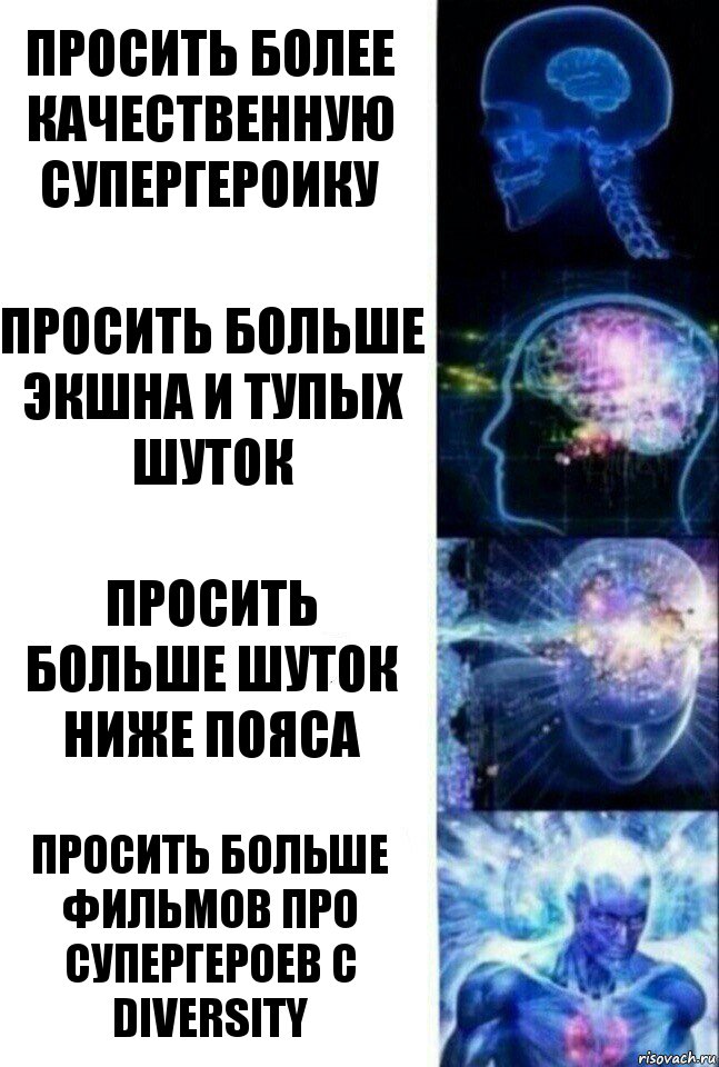 Просить более качественную супергероику Просить больше экшна и тупых шуток Просить больше шуток ниже пояса Просить больше фильмов про супергероев с diversity, Комикс  Сверхразум