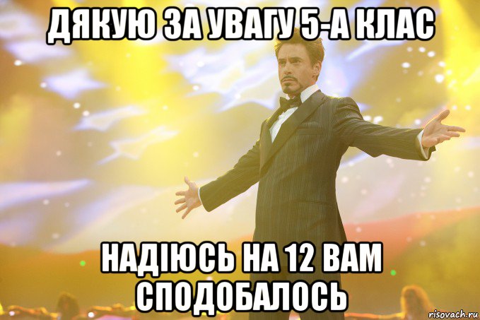 дякую за увагу 5-а клас надіюсь на 12 вам сподобалось, Мем Тони Старк (Роберт Дауни младший)