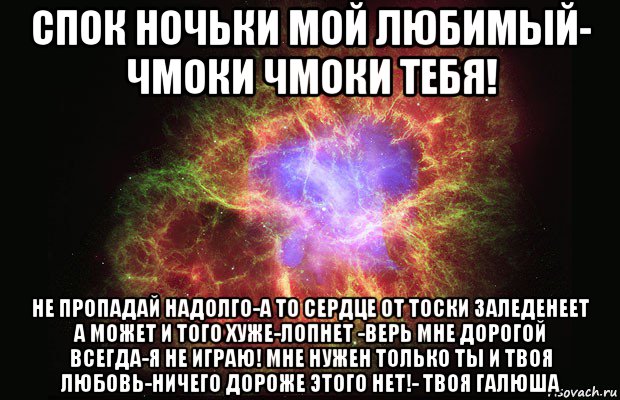 спок ночьки мой любимый- чмоки чмоки тебя! не пропадай надолго-а то сердце от тоски заледенеет а может и того хуже-лопнет -верь мне дорогой всегда-я не играю! мне нужен только ты и твоя любовь-ничего дороже этого нет!- твоя галюша