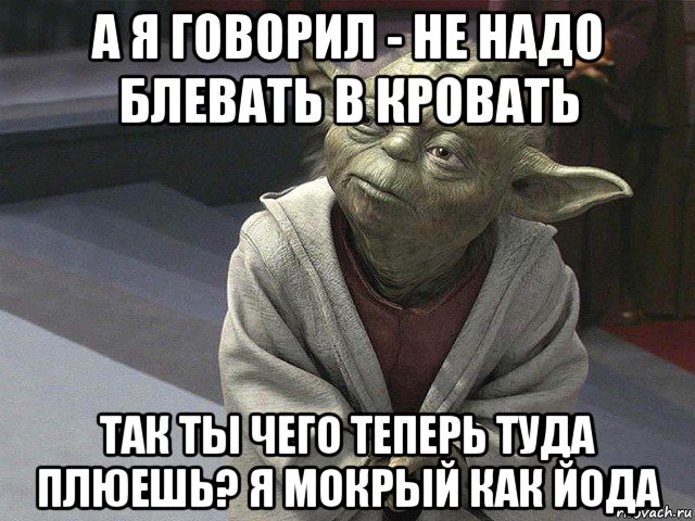 а я говорил - не надо блевать в кровать так ты чего теперь туда плюешь? я мокрый как йода, Мем  Йода