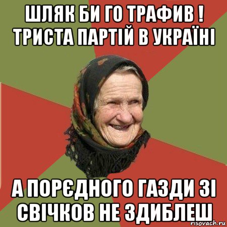 шляк би го трафив ! триста партій в україні а порєдного газди зі свічков не здиблеш, Мем  Бабушка