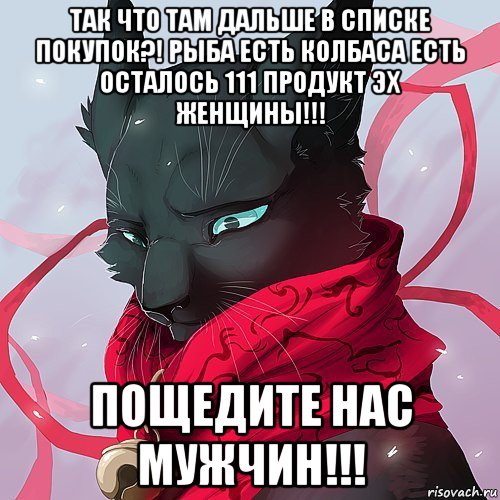 так что там дальше в списке покупок?! рыба есть колбаса есть осталось 111 продукт эх женщины!!! пощедите нас мужчин!!!, Мем БИИЧ