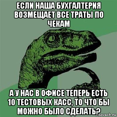 если наша бухгалтерия возмещает все траты по чекам а у нас в офисе теперь есть 10 тестовых касс, то что бы можно было сделать?, Мем Филосораптор