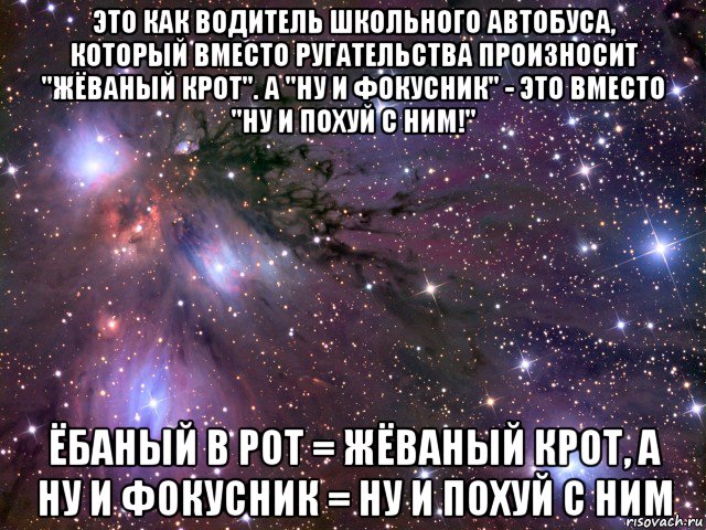 это как водитель школьного автобуса, который вместо ругательства произносит "жёваный крот". а "ну и фокусник" - это вместо "ну и похуй с ним!" ёбаный в рот = жёваный крот, а ну и фокусник = ну и похуй с ним, Мем Космос