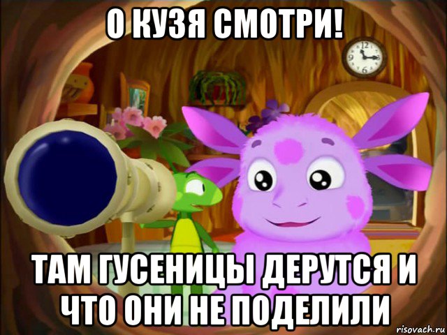 о кузя смотри! там гусеницы дерутся и что они не поделили
