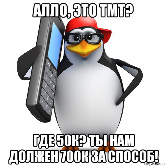 алло, это тмт? где 50к? ты нам должен 700к за способ!, Мем   Пингвин звонит