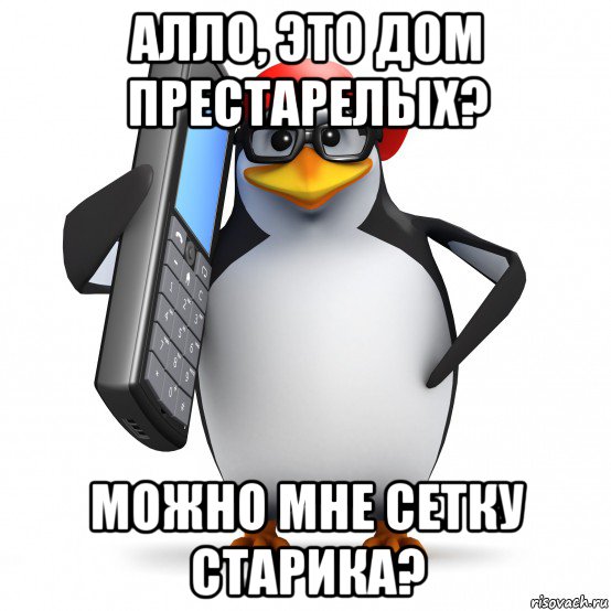 алло, это дом престарелых? можно мне сетку старика?, Мем   Пингвин звонит