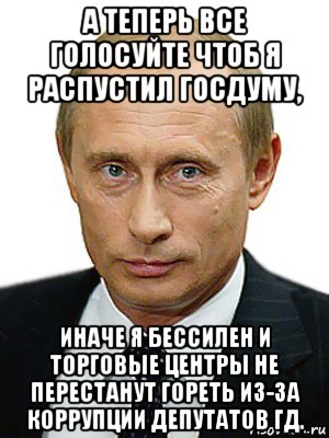 а теперь все голосуйте чтоб я распустил госдуму, иначе я бессилен и торговые центры не перестанут гореть из-за коррупции депутатов гд., Мем Путин