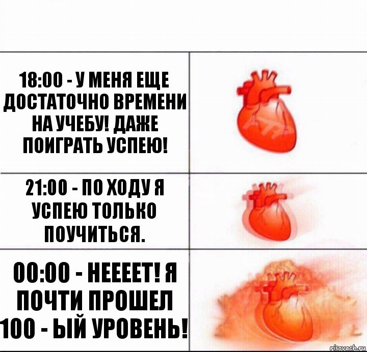 18:00 - У меня еще достаточно времени на учебу! Даже поиграть успею! 21:00 - По ходу я успею только поучиться. 00:00 - Неееет! Я почти прошел 100 - ый уровень!, Комикс  Расширяюшее сердце