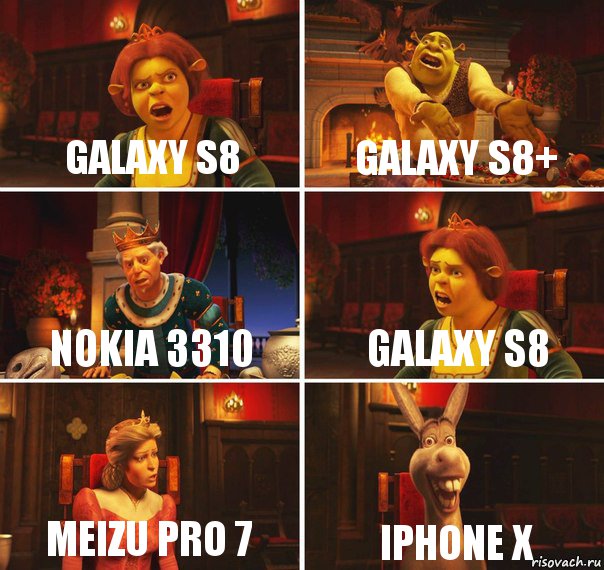 Galaxy S8 Galaxy S8+ Nokia 3310 Galaxy S8 Meizu pro 7 Iphone X, Комикс  Шрек Фиона Гарольд Осел